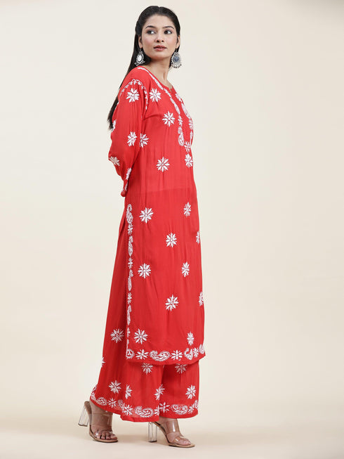 Samma Chikankari CO-ORD Set In Modal Cotton for Women In RED